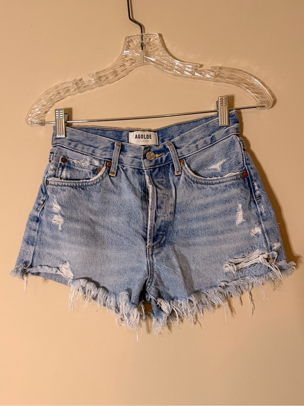 Agolde Washed Light Blue Distressed Cutoff Shorts